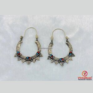 Silver Antique Hoop Earrings: Handmade Statement Boho Jewelry